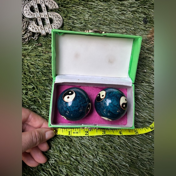 VINTAGE Cloisonné Yin-Yang Baoding Balls • Deep Blue Enamel • Meditation Chime - Picture 10 of 12